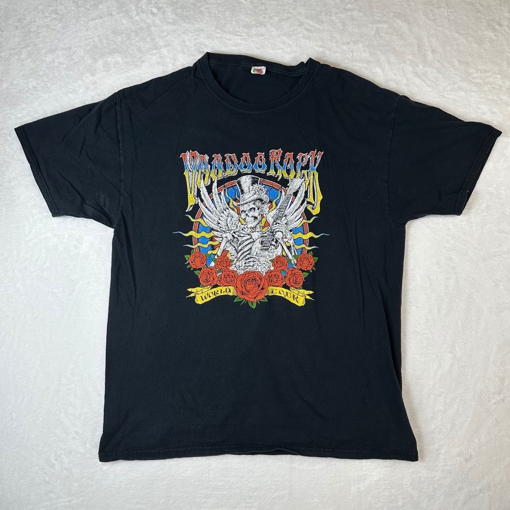 Fruit of the Loom Voodoo Rock World Tour Graphic T-Shirt Black Skeleton Guitar L